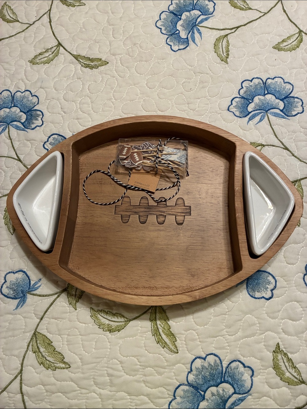 NWT-Mud Pie White Ceramic Dip Dish with Football Wood Holder